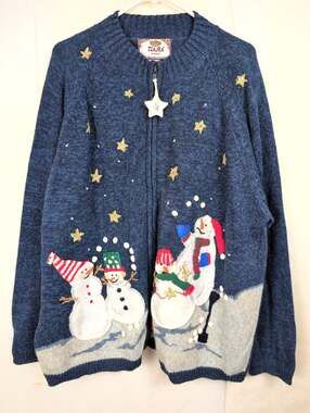 Vintage Tiara blue snowman night embroidered zip cardigan sweater Size 26/28